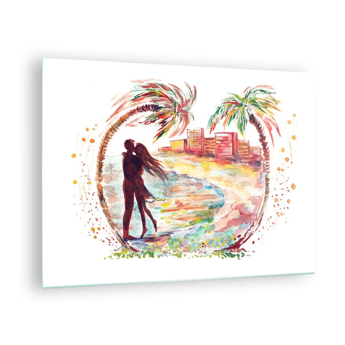 Obraz na skle - Romantický pár v tropickom prostredí s palmami - 70x50cm - Romantické prázdniny - Moderná nástenná dekorácia do obývacej izby a spálne ARTTOR