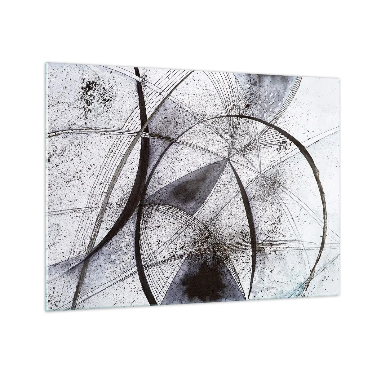 Obraz na skle - Čiernobiela kompozícia pretínajúcich sa čiar a geometrických oblúkov. - 70x50cm - Futuristická fantázia - Moderná nástenná dekorácia do obývacej izby a spálne ARTTOR