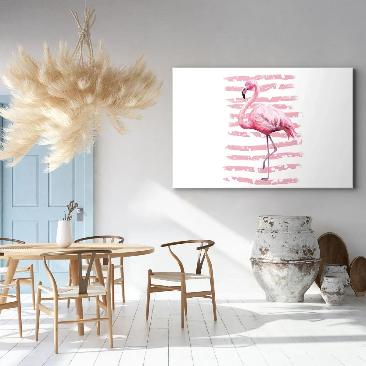 Obraz na plátne - Plameniak na ružovom pozadí v minimalistickom štýle - 70x50cm - Dôstojne, aj keď v ružovej - Moderná nástenná dekorácia do obývacej izby a spálne ARTTOR