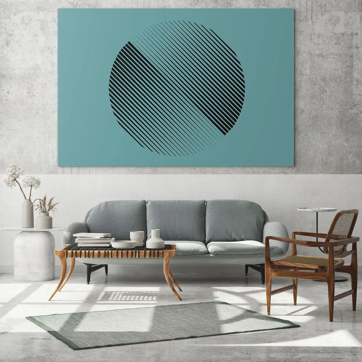 Obraz na skle - Čierne čiary tvoriace kruh na tyrkysovom pozadí - 70x50cm - Kruh – geometrická variácia - Moderná nástenná dekorácia do obývacej izby a spálne ARTTOR
