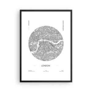 Plagát v čiernom ráme - Minimalistická čiernobiela mapa Londýna - 50x70cm - Anatómia Londýna - Moderná nástenná dekorácia do obývacej izby a spálne ARTTOR