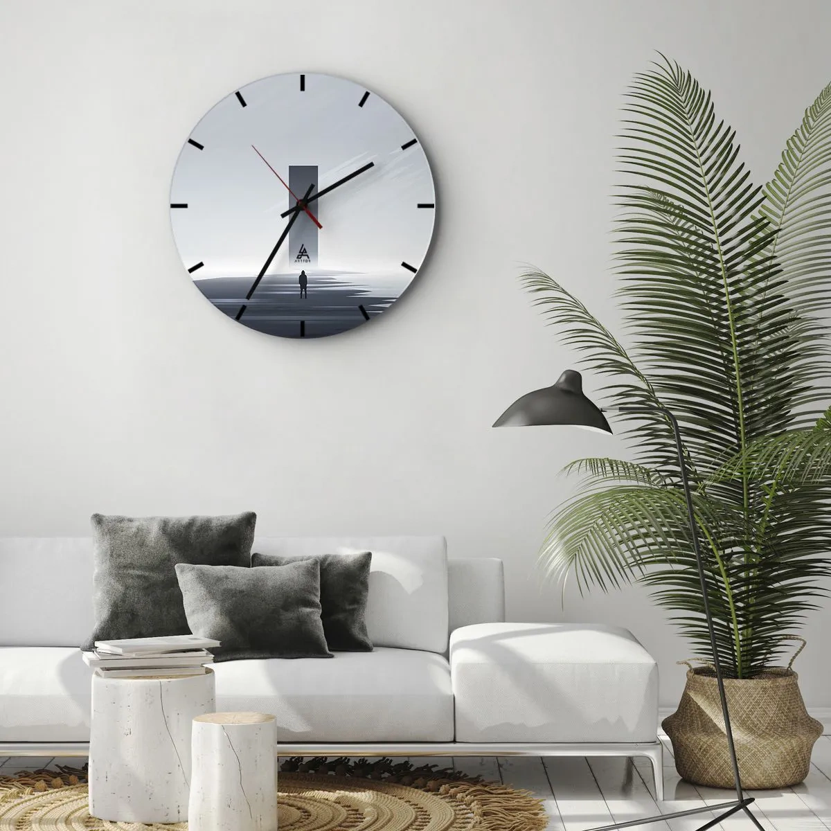 Nástenné hodiny - Minimalistická krajina s figúrou a geometrickým tvarom - 30x30cm - Príležitosť alebo hrozba? - Moderná nástenná dekorácia do obývacej izby, kuchyne a spálne ARTTOR