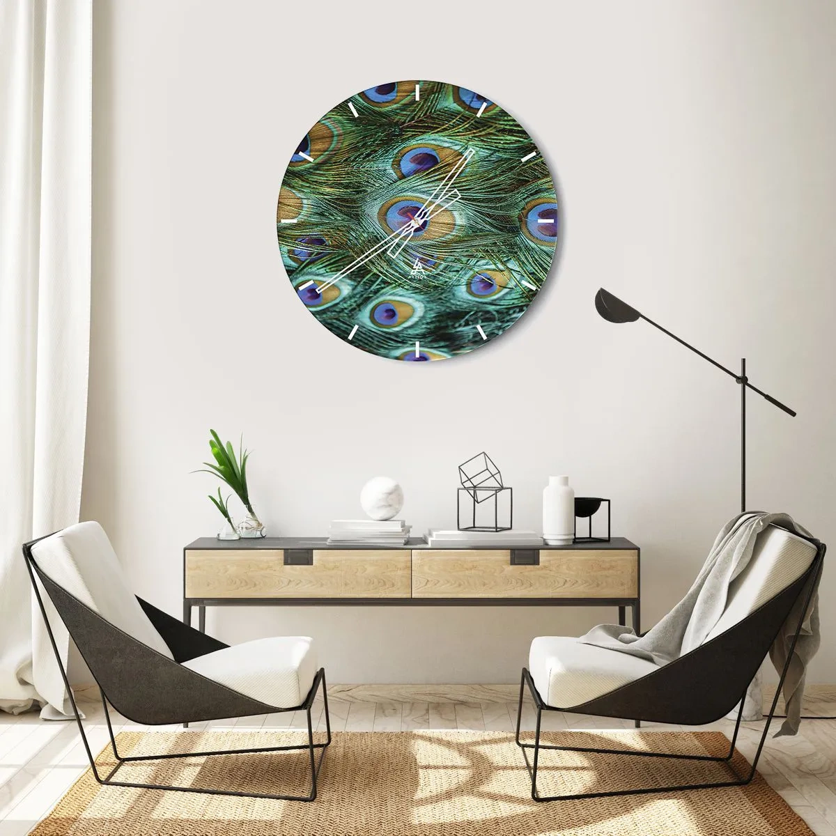 Nástenné hodiny - Pávie perie v odtieňoch zelenej a modrej - 30x30cm - Páví pohľad - Moderná nástenná dekorácia do obývacej izby, kuchyne a spálne ARTTOR