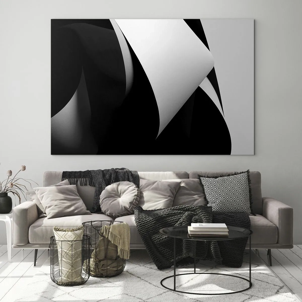 Obraz na skle - Minimalistická kompozícia s čiernobielymi rovinami - 70x50cm - Svetlo z hlbín tieňa - Moderná nástenná dekorácia do obývacej izby a spálne ARTTOR