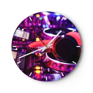 Nástenné hodiny - DJ slúchadlá na konzole s neónovým osvetlením - 30x30cm - Než začne zábava - Moderná nástenná dekorácia do obývacej izby, kuchyne a spálne ARTTOR