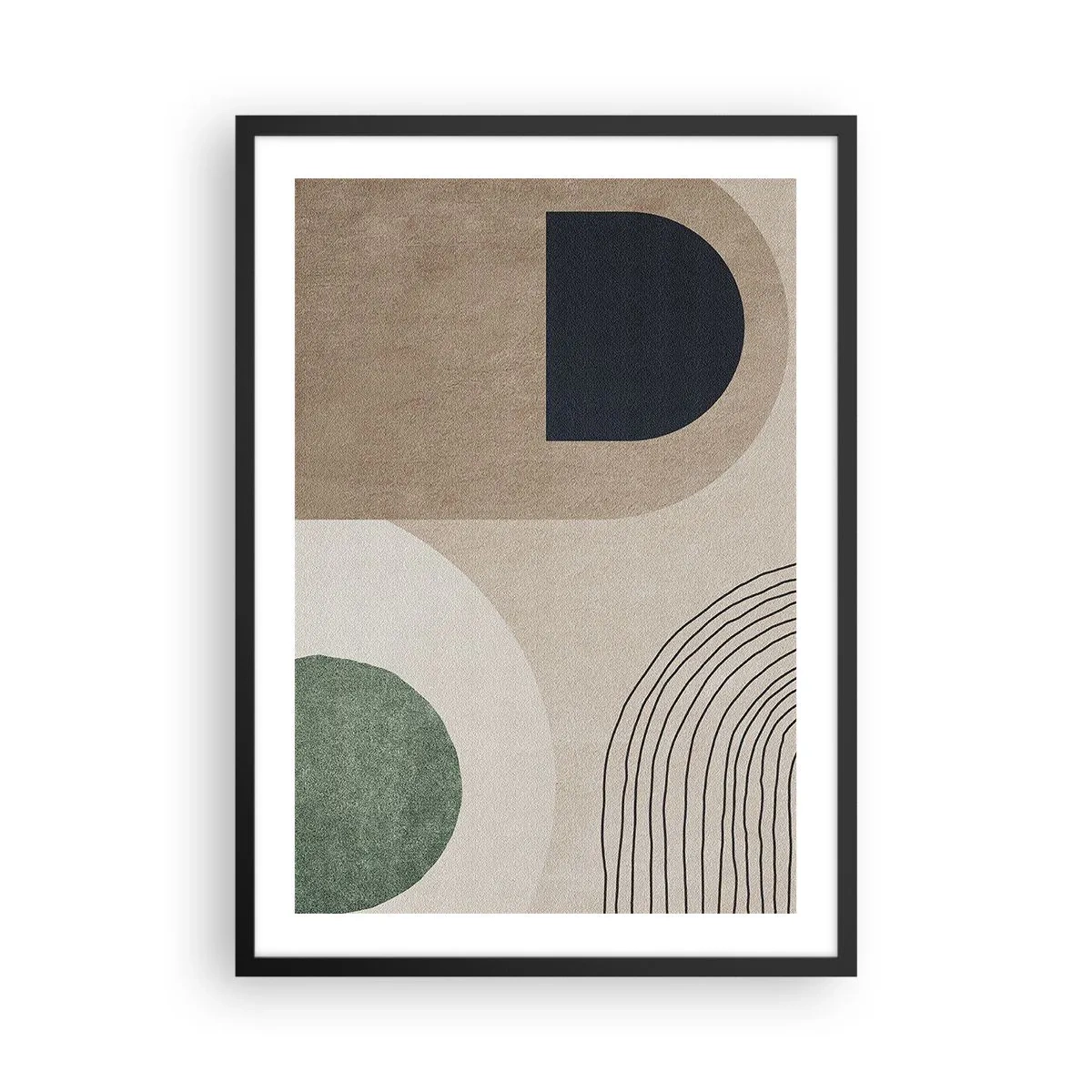 Plagát v čiernom ráme - Geometrická abstrakcia v béžových, zelených a čiernych tónoch - 50x70cm - Nežnosť oválu - Moderná nástenná dekorácia do obývacej izby a spálne ARTTOR