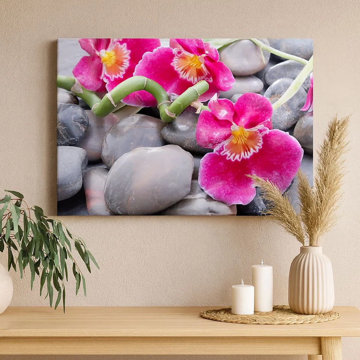 Obraz na plátne - Ružové orchidey na pozadí hladkých kameňov - 70x50cm - Chlad a žiara - Moderná nástenná dekorácia do obývacej izby a spálne ARTTOR