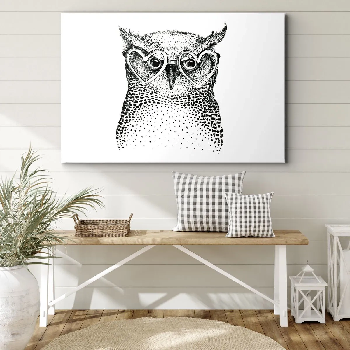 Obraz na plátne - Štýlová grafika sovy v okuliaroch v tvare srdca - 70x50cm - Múdro a s láskou - Moderná nástenná dekorácia do obývacej izby a spálne ARTTOR