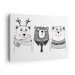 Obraz na plátne - Tri vtipné medvede v minimalistickom štýle - 70x50cm - Medveď, medvedík a macko - Moderná nástenná dekorácia do obývacej izby a spálne ARTTOR