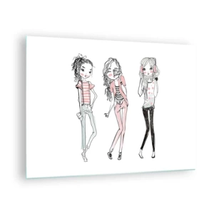 Obraz na skle - Tri štýlové dievčatá v pastelových farbách - 70x50cm - Bude, bude zábava - Moderná nástenná dekorácia do obývacej izby a spálne ARTTOR