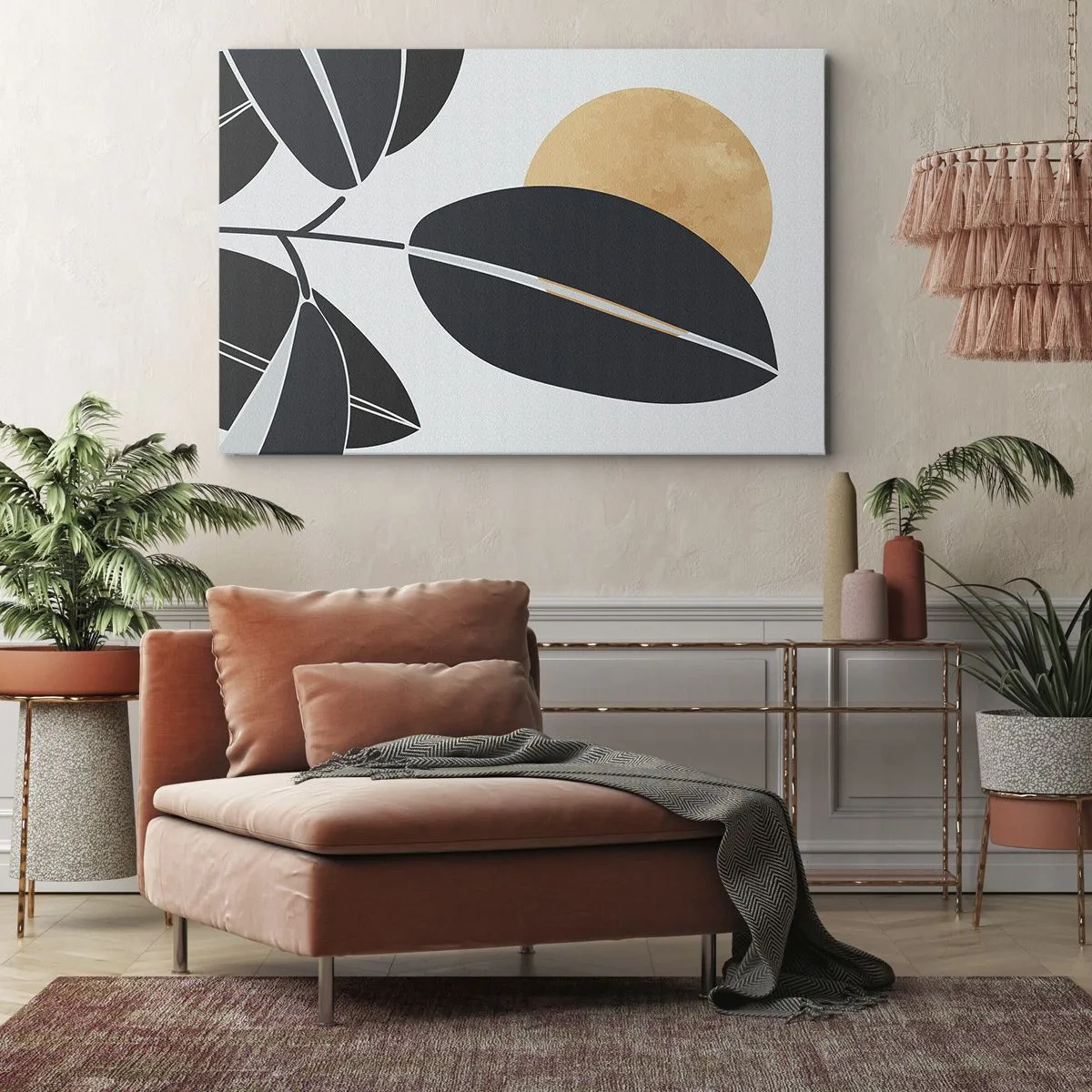 Obraz na plátne - Minimalistický motív listu s jasným slnkom v pozadí. - 70x50cm - Deň horúceho leta - Moderná nástenná dekorácia do obývacej izby a spálne ARTTOR