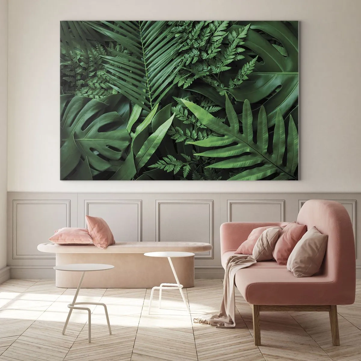 Obraz na skle - Husté zelené listy tropických rastlín v kompozícii - 70x50cm - Objaté v zeleni - Moderná nástenná dekorácia do obývacej izby a spálne ARTTOR