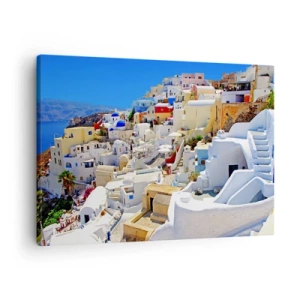 Obraz na plátne - Panoráma Santorini s bielymi domami a modrou oblohou - 70x50cm - Sen o gréckom lete - Moderná nástenná dekorácia do obývacej izby a spálne ARTTOR
