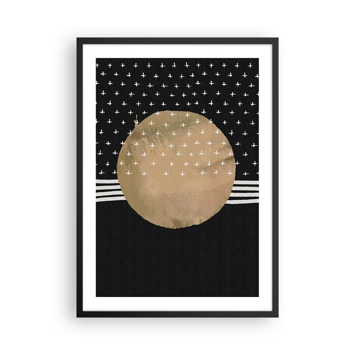 Plagát v čiernom ráme - Abstraktná zlatá guľa na čiernom pozadí so vzormi - 50x70cm - Kompozícia: vlajka galaxie - Moderná nástenná dekorácia do obývacej izby a spálne ARTTOR