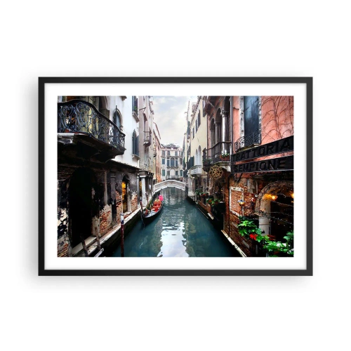 Plagát v čiernom ráme - Benátska krajina s gondolou a mostíkom - 70x50 cm