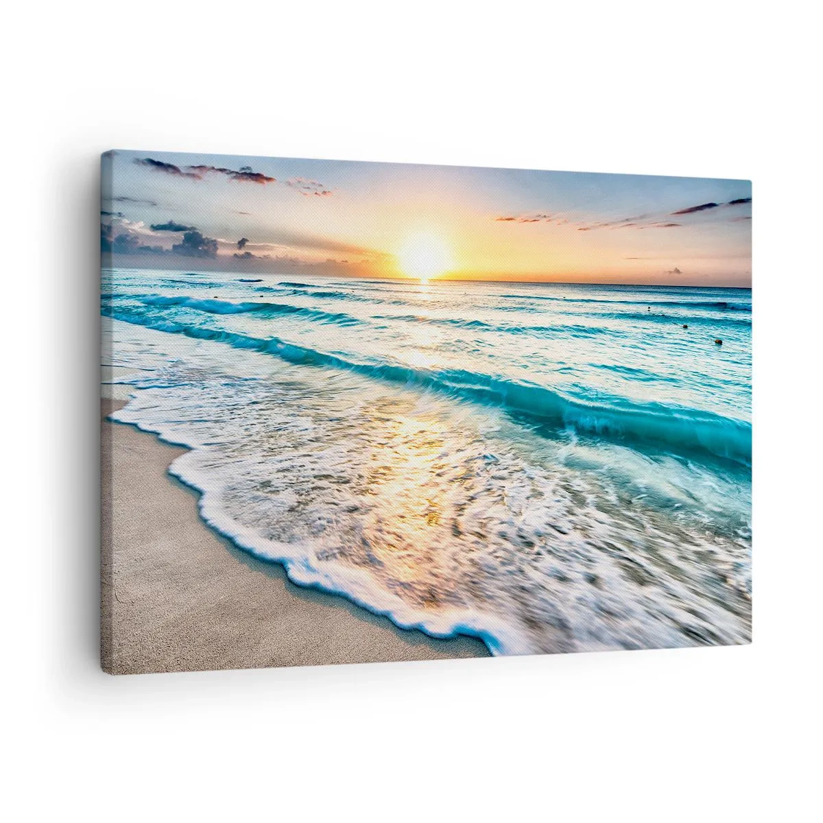 Obraz na plátne - Východ slnka nad tichou plážou s vlnami - 70x50cm - Výhľad, ktorý stojí za to - Moderná nástenná dekorácia do obývacej izby a spálne ARTTOR