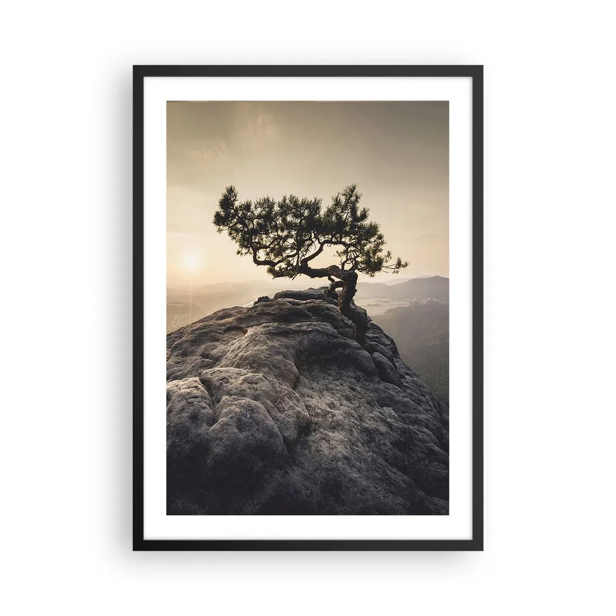 Plagát v čiernom ráme - Osamelý strom na skalnatom vrchole vo svetle zapadajúceho slnka - 50x70cm - Život vždy víťazí - Moderná nástenná dekorácia do obývacej izby a spálne ARTTOR