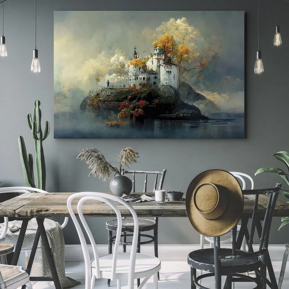 Obraz na plátne - Hrad na kopci obklopený jesennými stromami - 70x50cm - Začiatok romantického príbehu - Moderná nástenná dekorácia do obývacej izby a spálne ARTTOR