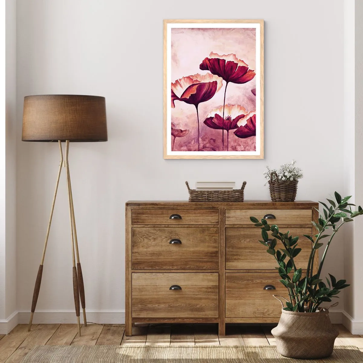 Plagát v ráme zo svetlého duba - Červený a biely plátok - 50x70 cm