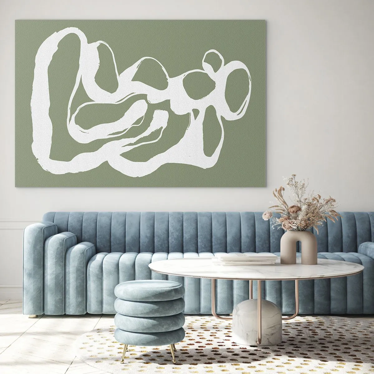 Obraz na skle - Abstraktná biela organická forma na olivovom pozadí - 70x50cm - Volanie priestoru - Moderná nástenná dekorácia do obývacej izby a spálne ARTTOR