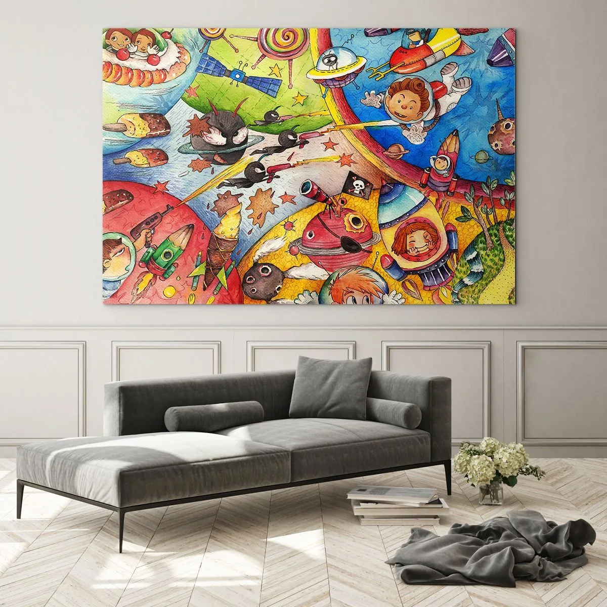 Obraz na skle - Farebná ilustrácia vesmírneho dobrodružstva pre deti - 70x50cm - Veľké vesmírne dobrodružstvo - Moderná nástenná dekorácia do obývacej izby a spálne ARTTOR