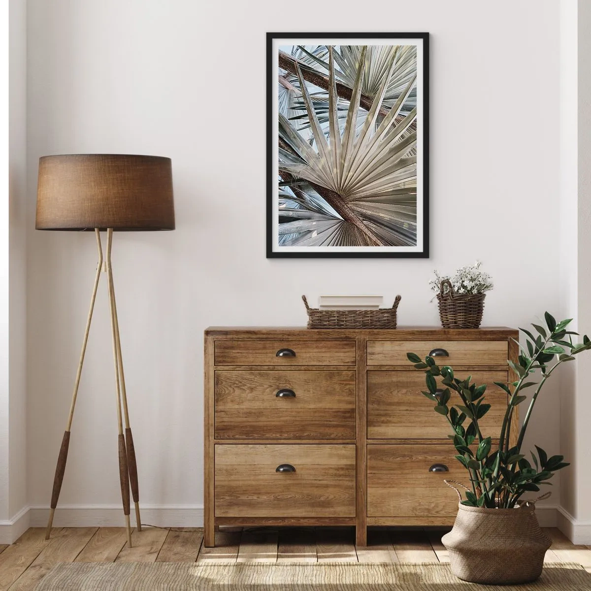 Plagát v čiernom ráme - Detailný záber palmových listov v pastelových odtieňoch - 50x70cm - Vejáre v trópoch - Moderná nástenná dekorácia do obývacej izby a spálne ARTTOR