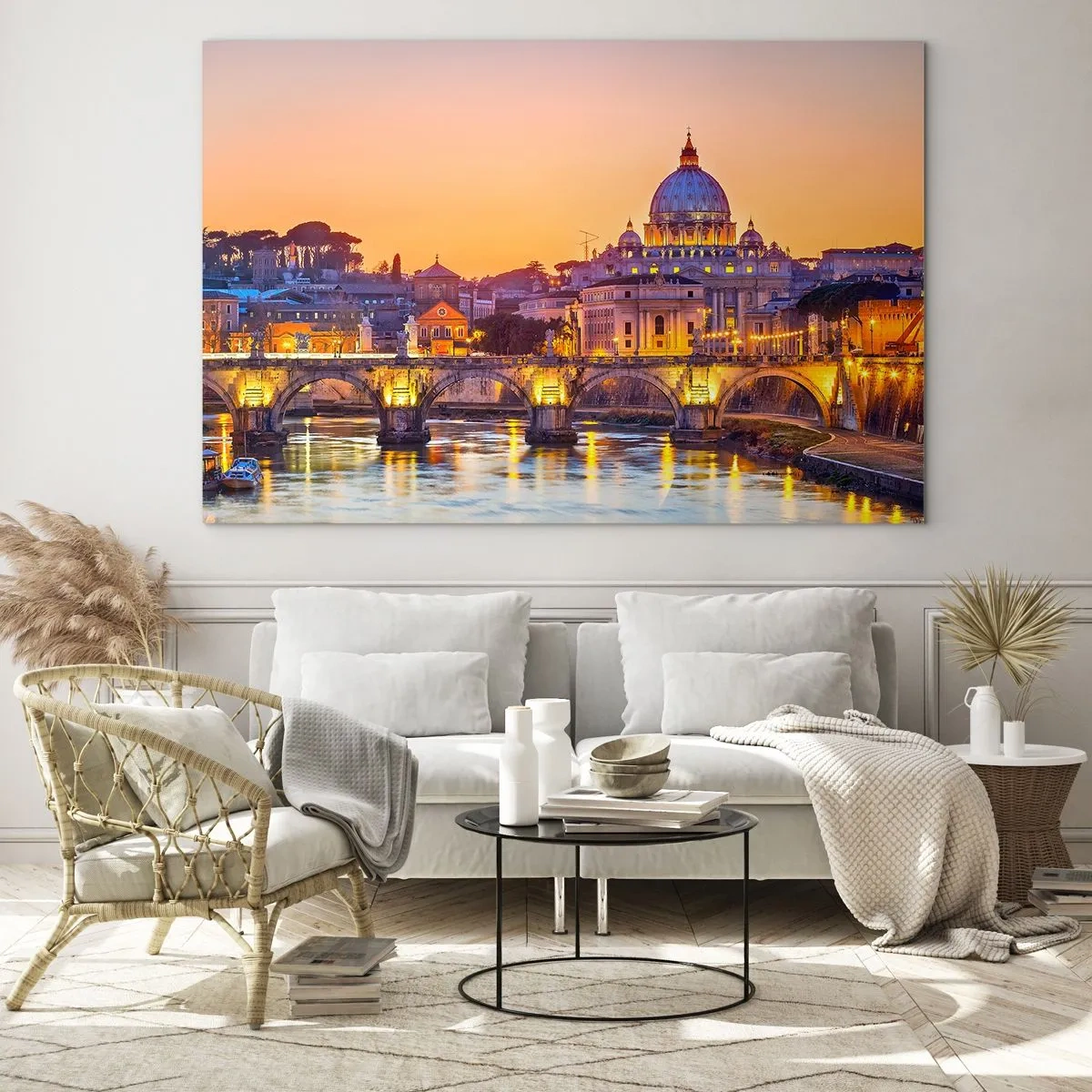 Obraz na skle - Most a bazilika v Ríme pri západe slnka - 70x50cm - Súmrak nad Večným mestom - Moderná nástenná dekorácia do obývacej izby a spálne ARTTOR