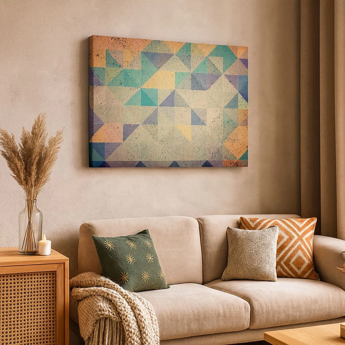 Obraz na plátne - Farebná kompozícia geometrických trojuholníkov v pastelových odtieňoch. - 70x50cm - Republika trojuholníkov - Moderná nástenná dekorácia do obývacej izby a spálne ARTTOR