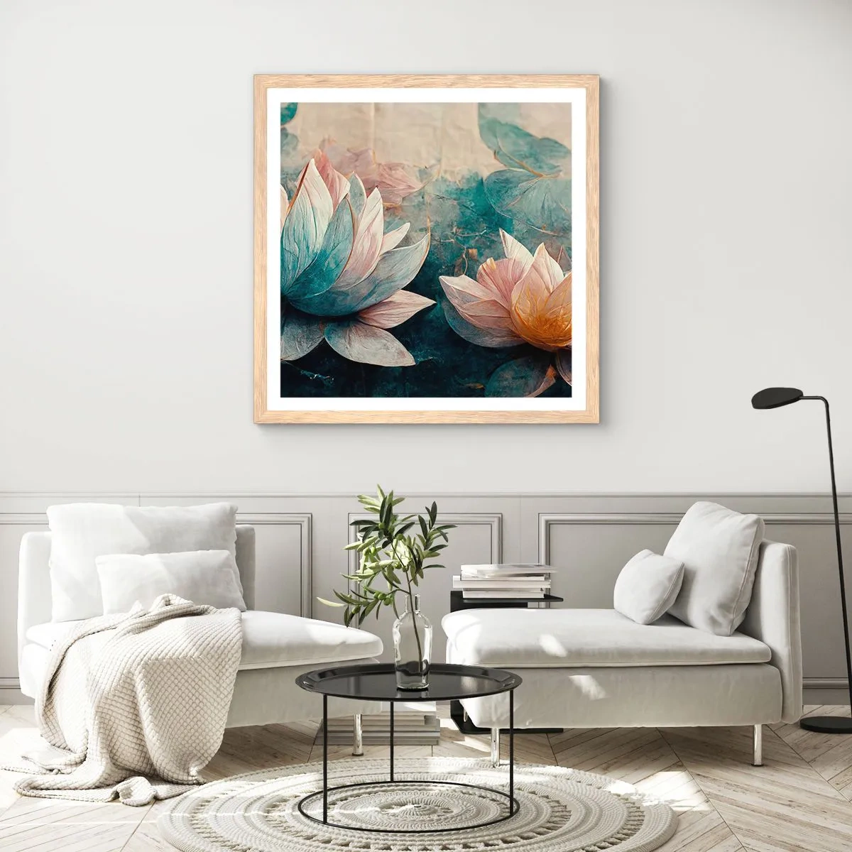 Plagát v ráme zo svetlého duba - Hviezdy a jazero - 60x60 cm