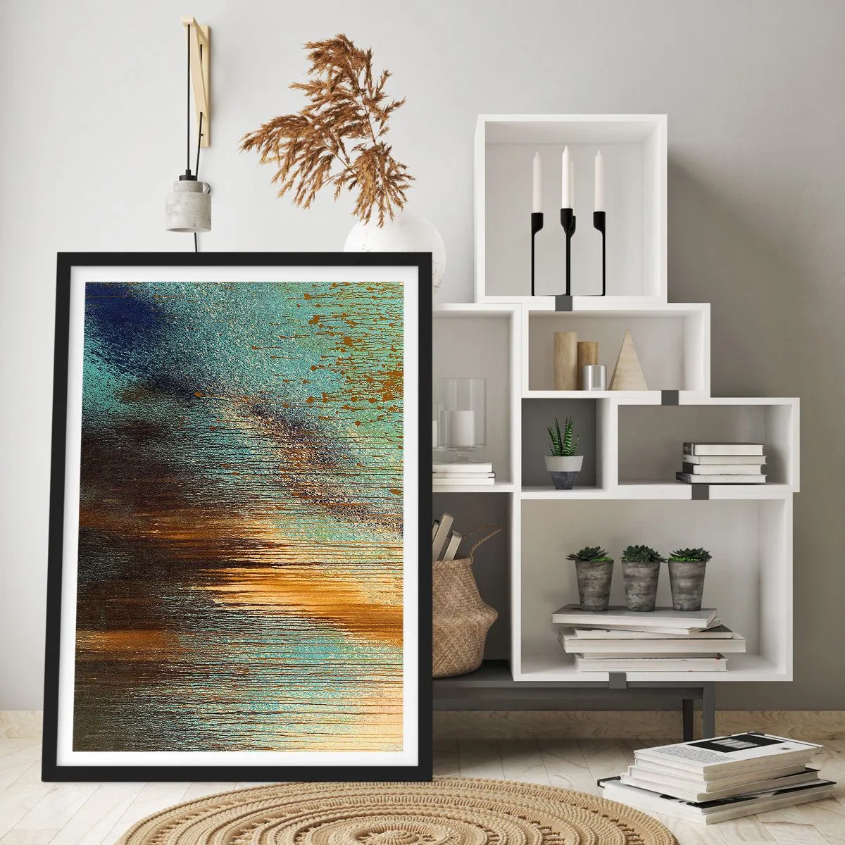 Plagát v čiernom ráme - Abstraktná kompozícia zlatých a modrých ťahov farby. - 50x70cm - Nenáhodná farebná kompozícia - Moderná nástenná dekorácia do obývacej izby a spálne ARTTOR