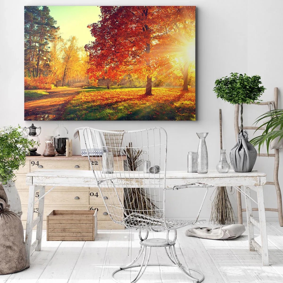 Obraz na plátne - Jesenný park osvetlený slnečným svetlom - 70x50cm - Červené je krásne - Moderná nástenná dekorácia do obývacej izby a spálne ARTTOR