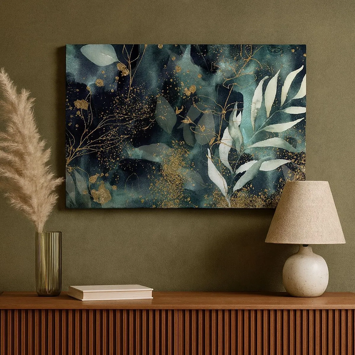 Obraz na plátne - Elegantné listy na tmavom pozadí so zlatými akcentmi - 70x50cm - Kúzelná záhrada - Moderná nástenná dekorácia do obývacej izby a spálne ARTTOR
