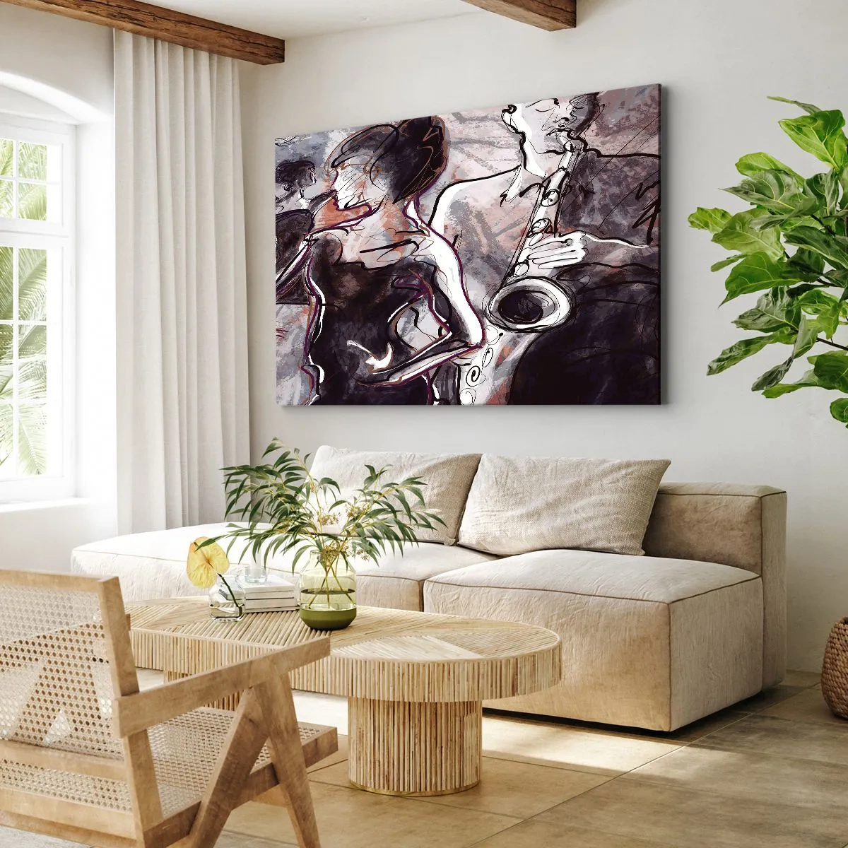 Obraz na plátne - Abstraktná jazzová scéna so saxofonistom a tancujúcou ženou. - 70x50cm - Rozplynúť sa v hudbe - Moderná nástenná dekorácia do obývacej izby a spálne ARTTOR