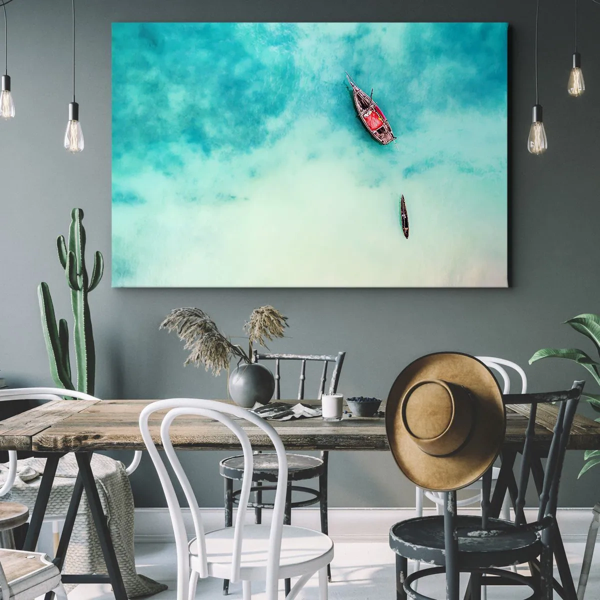 Obraz na plátne - Lode na tyrkysovej vode z vtáčej perspektívy - 70x50cm - Pretože na plážach Zanzibaru, keď je prebytok vody… - Moderná nástenná dekorácia do obývacej izby a spálne ARTTOR