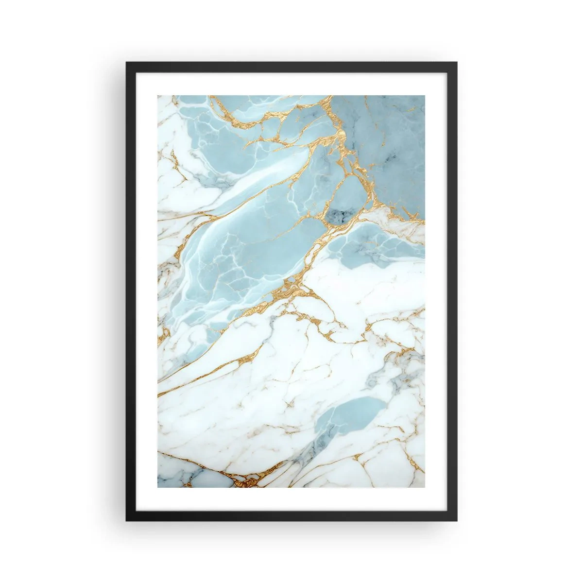 Plagát v čiernom ráme - Elegantný mramor v odtieňoch modrej a zlatej - 50x70cm - Bohatstvo kameňa - Moderná nástenná dekorácia do obývacej izby a spálne ARTTOR