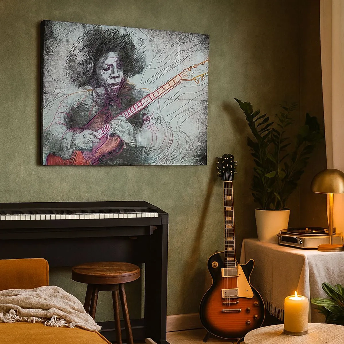Obraz na plátne - Umelecký portrét gitaristu technikou skice - 70x50cm - Na vlnách hudby - Moderná nástenná dekorácia do obývacej izby a spálne ARTTOR