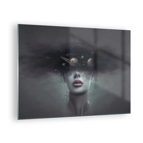 Obraz na skle - Žena s planétami namiesto hlavy v surrealistickej kompozícii - 70x50cm - A planéty… - Moderná nástenná dekorácia do obývacej izby a spálne ARTTOR