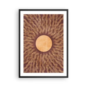 Plagát v čiernom ráme - Štylizované slnko s lúčmi v odtieňoch zlatej a hnedej - 50x70cm - Ikona slnka - Moderná nástenná dekorácia do obývacej izby a spálne ARTTOR