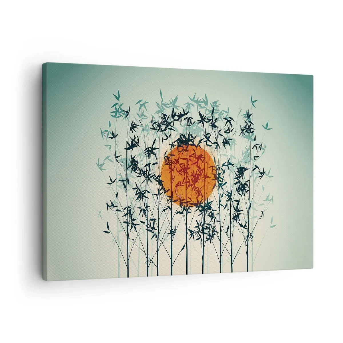 Obraz na plátne - Oranžové slnko medzi bambusovými konármi - 70x50cm - Japonské slnko - Moderná nástenná dekorácia do obývacej izby a spálne ARTTOR