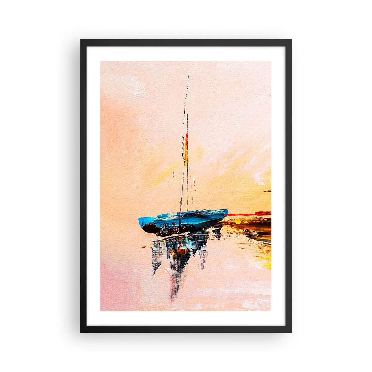 Plagát v čiernom ráme - Abstraktná loď na pokojnej vode pri západe slnka - 50x70cm - Večer v prístave - Moderná nástenná dekorácia do obývacej izby a spálne ARTTOR