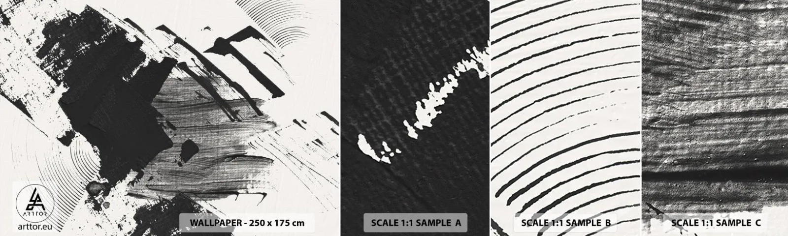 Vzorka samolepiacej fototapety Deluxe Sticker - Abstrakcia – expresia čiernej - Kus, Moderné, Čierna a biela - 100x30 cm