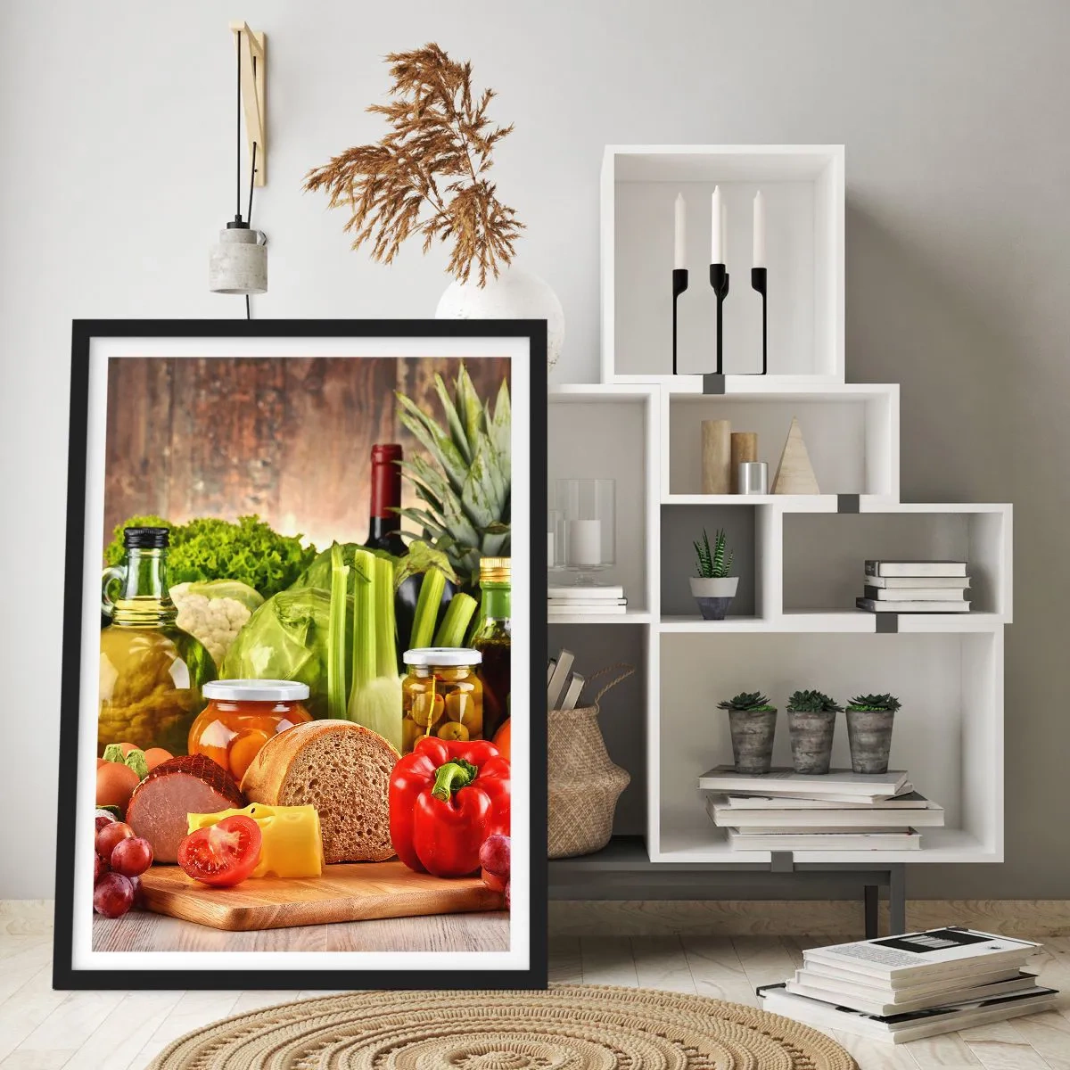 Plagát v čiernom ráme - Farebná zelenina a potravinárske výrobky na drevenom pozadí - 50x70cm - Údené, pečené, marinované - Moderná nástenná dekorácia do obývacej izby a spálne ARTTOR