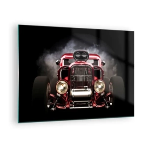 Obraz na skle - Red hot rod v hustom dyme - 70x50cm - Rýchly a zbesilo krásny - Moderná nástenná dekorácia do obývacej izby a spálne ARTTOR