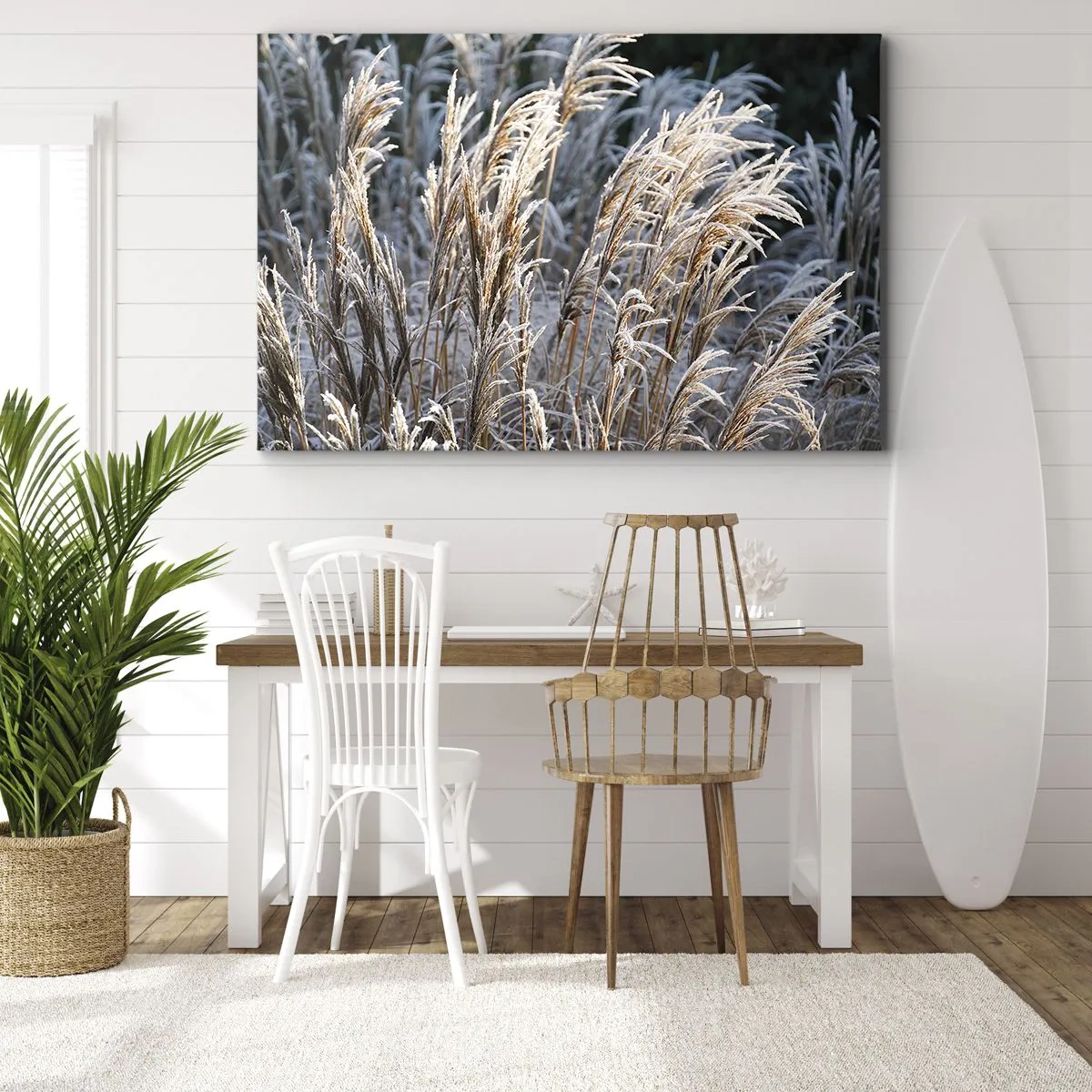 Obraz na plátne - Zimné steblá trávy pokryté námrazou na tmavozelenom pozadí - 70x50cm - Mrazom pokryté - Moderná nástenná dekorácia do obývacej izby a spálne ARTTOR