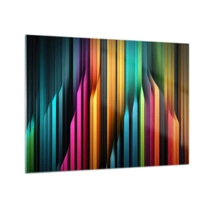 Obraz na skle - Viacfarebné zvislé pruhy pripomínajúce svetlo a pohyb - 70x50cm - Svetelný organ - Moderná nástenná dekorácia do obývacej izby a spálne ARTTOR