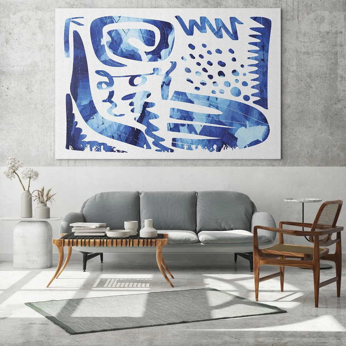 Obraz na skle - Dynamická modrá abstrakcia s geometrickými tvarmi - 70x50cm - Späť ku koreňom - Moderná nástenná dekorácia do obývacej izby a spálne ARTTOR