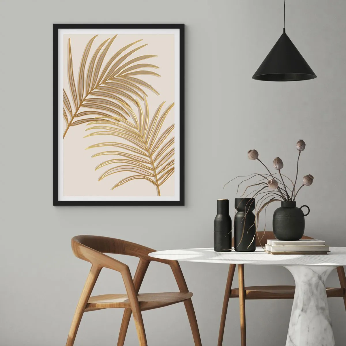 Plagát v čiernom ráme - Zlaté palmové listy v minimalistickom štýle na svetlom pozadí - 50x70cm - Zlatá palma! - Moderná nástenná dekorácia do obývacej izby a spálne ARTTOR