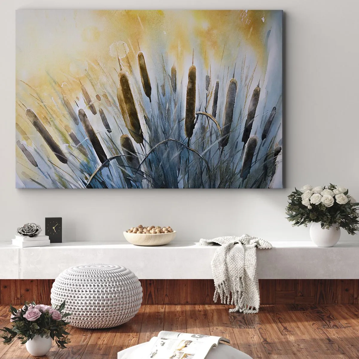 Obraz na plátne - Malebné trstiny v slnečných lúčoch - 70x50cm - Chlad vody, žiara slnka - Moderná nástenná dekorácia do obývacej izby a spálne ARTTOR