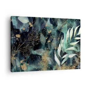 Obraz na plátne - Elegantné listy na tmavom pozadí so zlatými akcentmi - 70x50cm - Kúzelná záhrada - Moderná nástenná dekorácia do obývacej izby a spálne ARTTOR