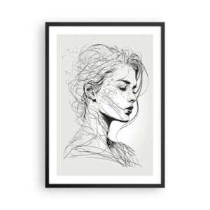 Plagát v čiernom ráme - Skica ženy s rozpustenými vlasmi, vytvorená v minimalistickom štýle. - 50x70cm - Portrét v zamyslení - Moderná nástenná dekorácia do obývacej izby a spálne ARTTOR